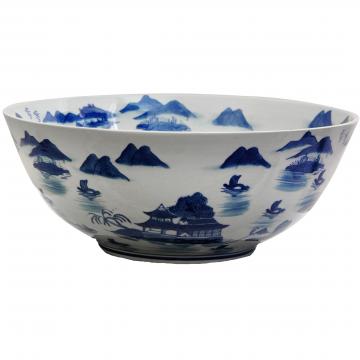 14" Landscape Blue & White Porcelain Bowl