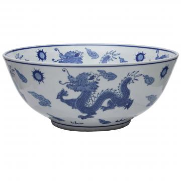 14" Dragon Blue & White Porcelain Bowl