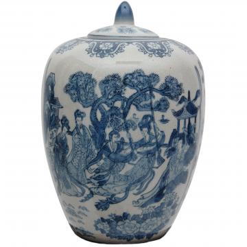 11" Ladies Blue & White Porcelain Vase Jar
