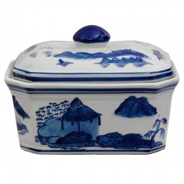 8" Landscape Blue & White Porcelain Covered Jar