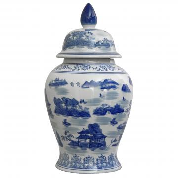 18" Landscape Blue & White Porcelain Temple Jar