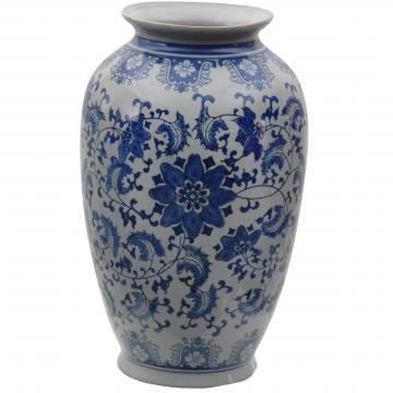 14" Floral Blue & White Porcelain Tung Chi Vase