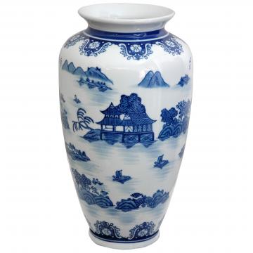 14" Landscape Blue & White Porcelain Tung Chi Vase