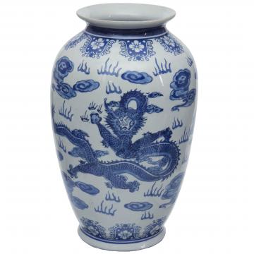 14" Dragon Blue & White Porcelain Tung Chi Vase