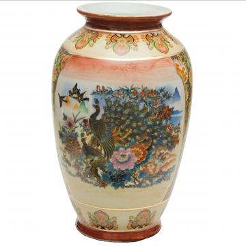14" Satsuma Peacock Porcelain Tung Chi Vase