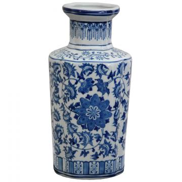 12" Floral Blue & White Hexagonal Porcelain Vase