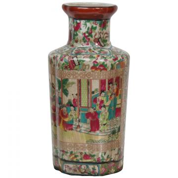12" Rose Medallion Hexagonal Porcelain Vase
