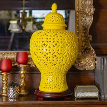 Carved Temple Jar - Yellow