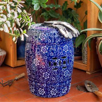 18" White Flowers on Blue Garden Stool