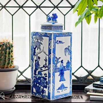 20" Blue & White Square Fu Dog Jar
