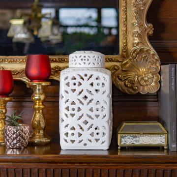 12" White Carved Square Ginger Jar