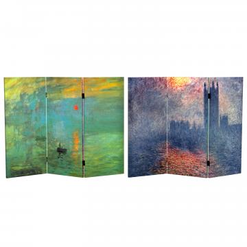 3 ft. Short Double Sided Works of Monet Canvas Folding Screen- Impression Sunrise/Houses of Parliam