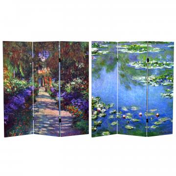 4 ft. Short Double Sided Works of Monet Canvas Folding Screen- Lilies/Garden at Giverny