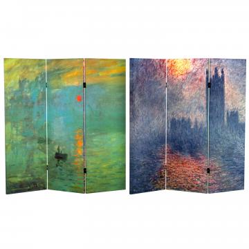 4 ft. Short Double Sided Works of Monet Canvas Folding Screen- Impression Sunrise/Houses of Parliam