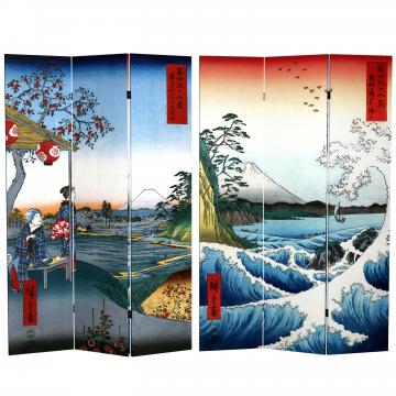6 ft. Tall Double Sided Hiroshige Room Divider - Sea at Satta/Teahouse