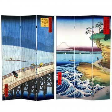 6 ft. Tall Double Sided Hiroshige Room Divider - Sudden Shower/Coast at Hota
