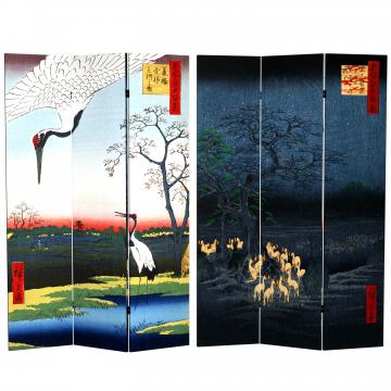 6 ft. Tall Double Sided Hiroshige Room Divider - Cranes/Fox Fire