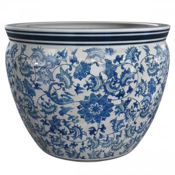 14" Floral Blue & White Porcelain Fishbowl Planter