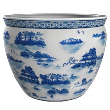 14" Landscape Blue & White Porcelain Fishbowl Planter