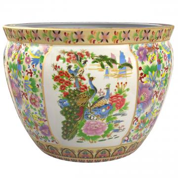 14" Satsuma Birds & Flowers Porcelain Fishbowl Planter