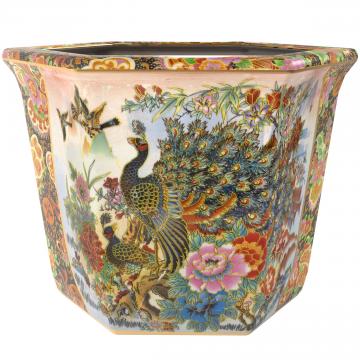 10" Satsuma Ladies & Peacock Porcelain Flower Pot