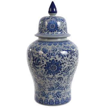 18" Floral Blue & White Porcelain Temple Jar