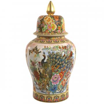 24" Satsuma Peacock Porcelain Temple Jar