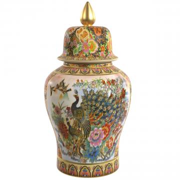 32" Satsuma Peacock Porcelain Temple Jar