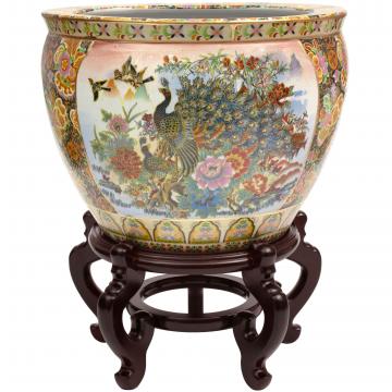 14" Satsuma Garden & Peacock Porcelain Fishbowl Planter
