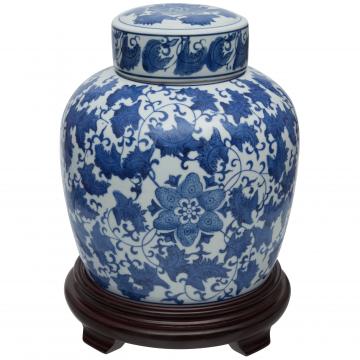 10" Floral Blue & White Porcelain Ginger Jar