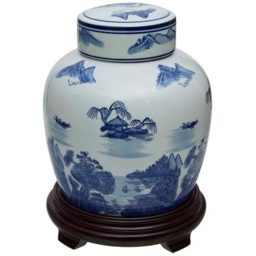 10" Landscape Blue & White Porcelain Ginger Jar