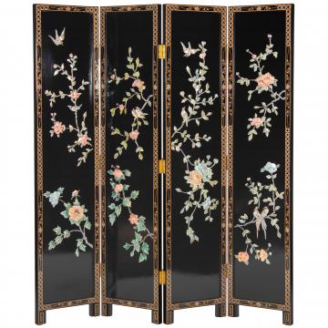 6 ft. Tall Black Lacquer Room Divider - Birds and Flowers
