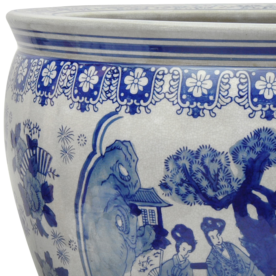 Oriental Furniture 16" Floral Blue & White Porcelain Fishbowl 