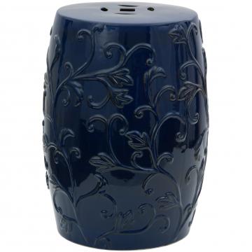 18" Dark Blue Carved Flowers Porcelain Garden Stool