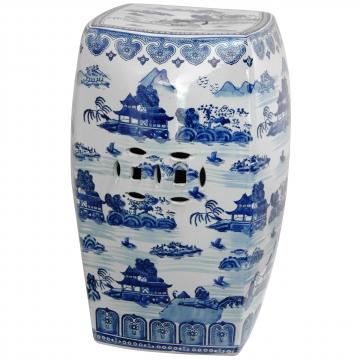 18" Square Landscape Blue & White Porcelain Garden Stool