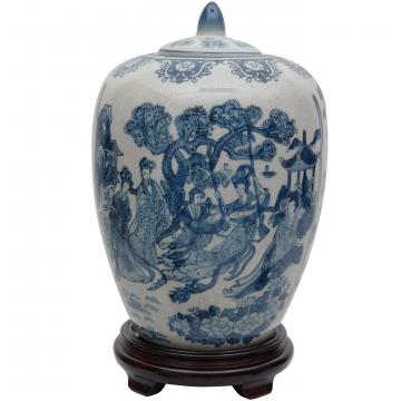 11" Ladies Blue & White Porcelain Vase Jar