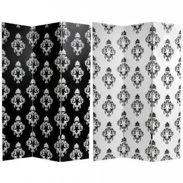 6 ft. Tall Double Sided Black and White Damask Canvas Room Divider