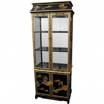 Ming Pagoda Top Curio Cabinet w/ Hand Painted Oriental Landscape
