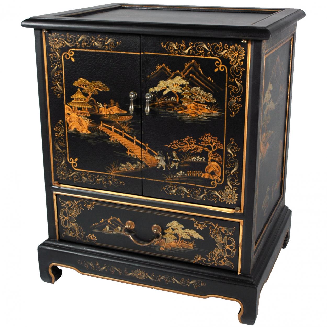 Oriental Furniture Japanese End Table Black Landscape