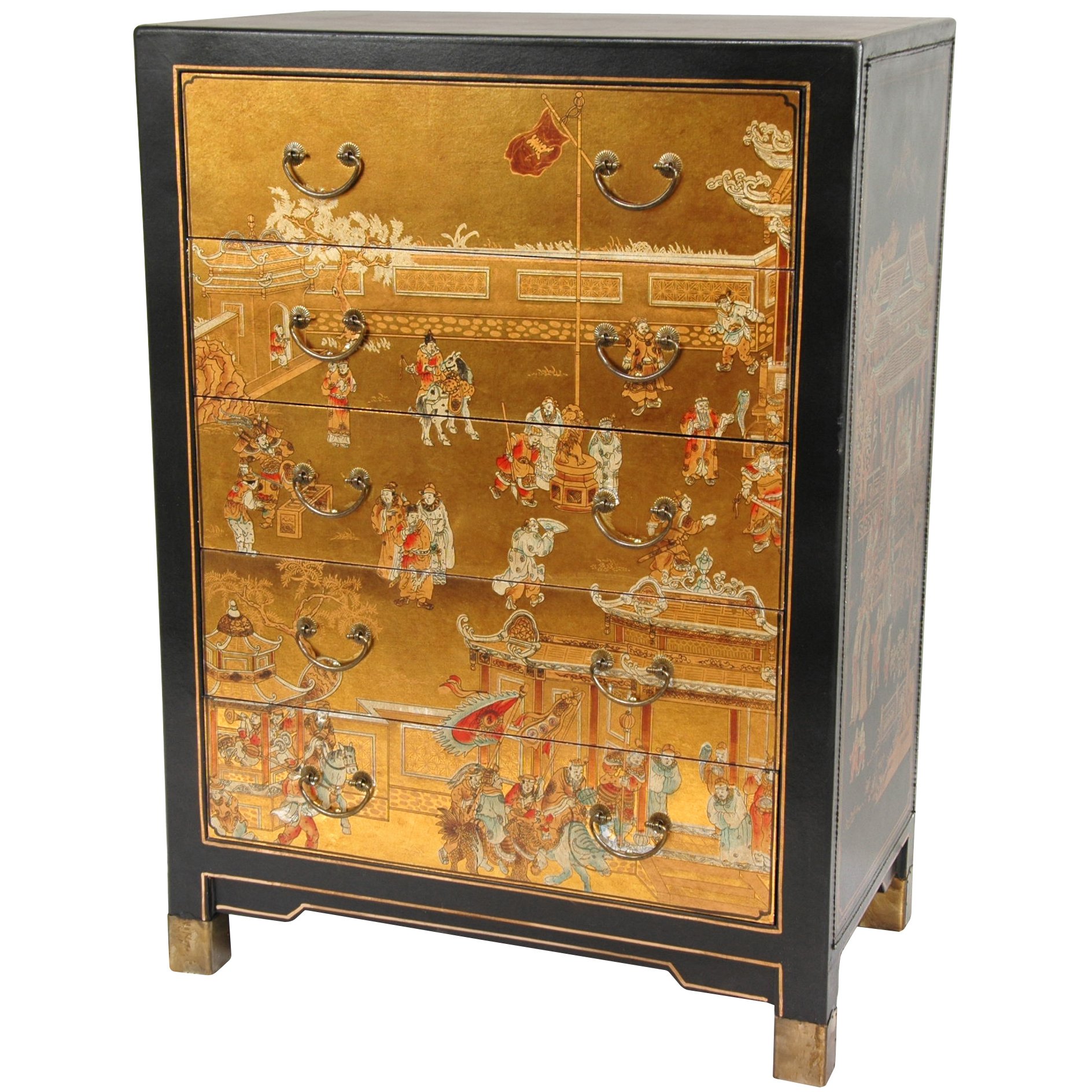  Oriental Furniture Gold Leaf Village Life Five Drawer 